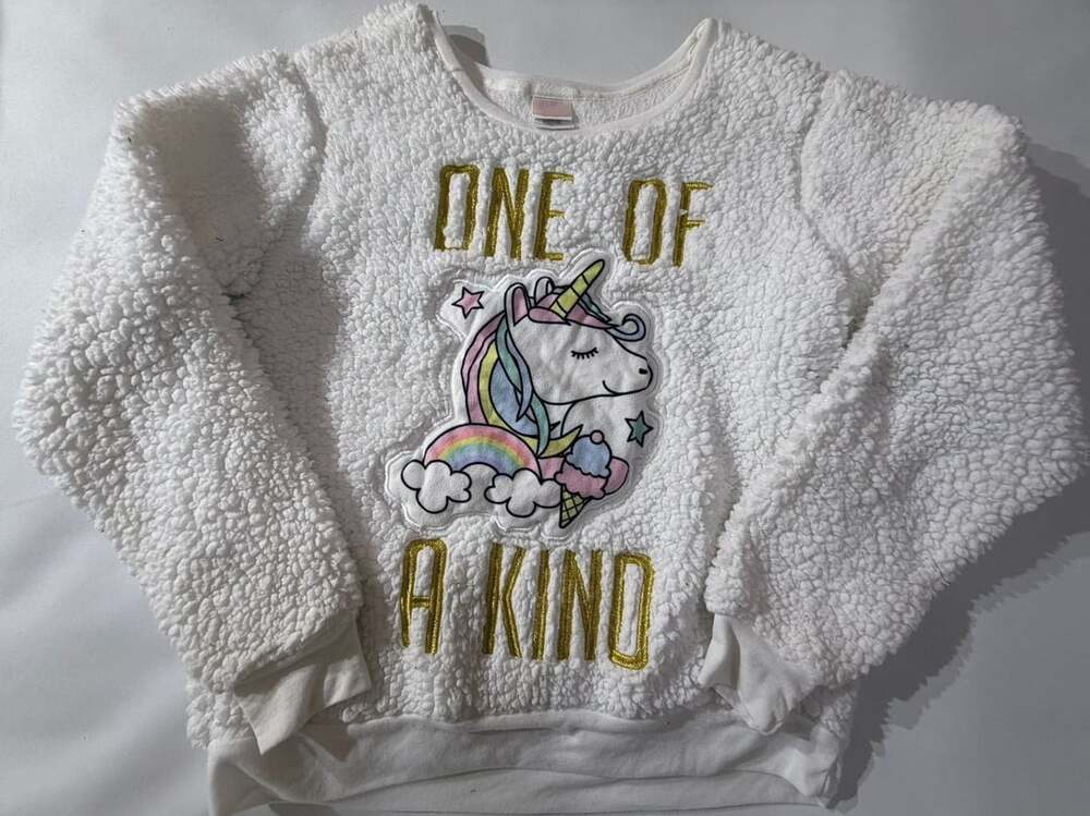 Snooze Button Unicorn White Fuzzy Sherpa Pajama Top Sweatshirt Womens Medium